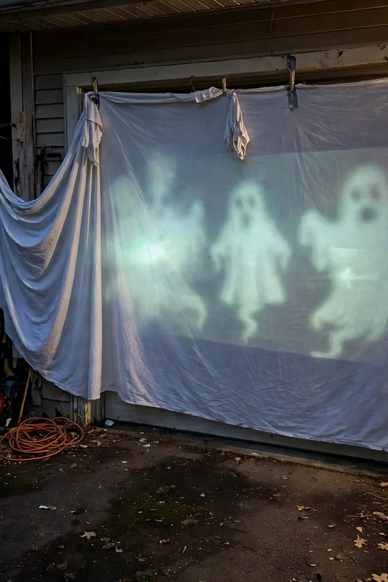 Ghosts projected onto a garage door at night