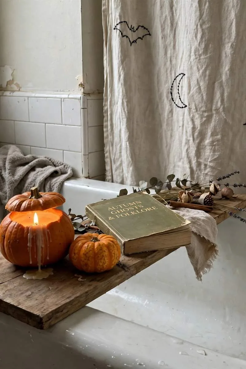 Bath tray across a tub with a pumpkin candle, small pumpkin and a book