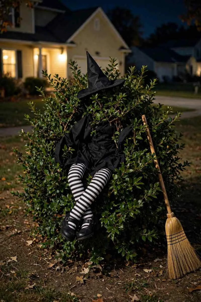 Witch costume crashed into a tree with striped legs, hat and broken broom for Halloween