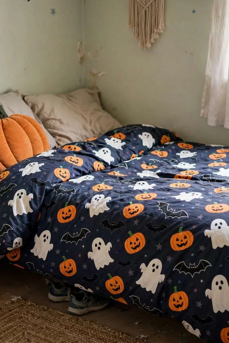 Kids bed with Halloween pumpkin, ghost and bat bedding and a pumpkin-shaped cushion