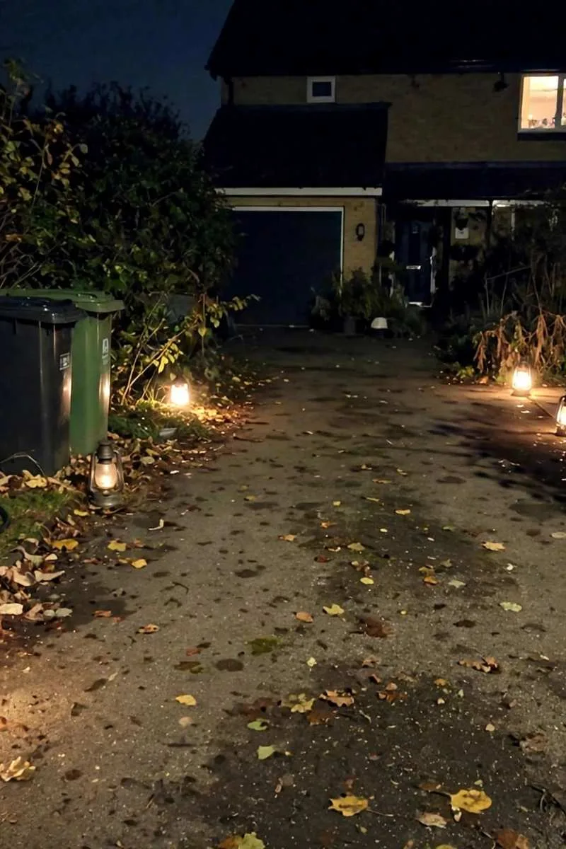 Lanterns lining a driveway on both sides at night