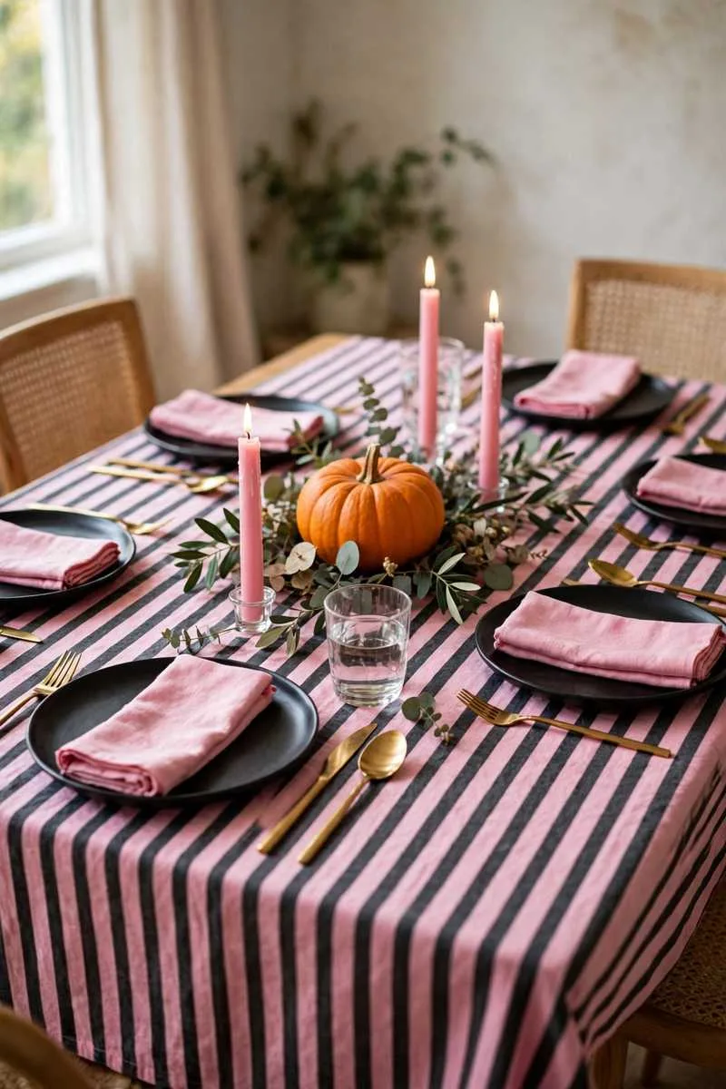 Pink and black striped tablecloth with black plates, pink napkins and gold cutlery