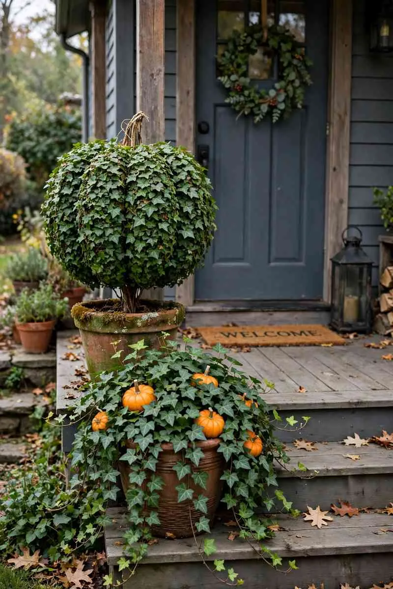 Pumpkin and ivy topiary with small pumpkins tucked into trailing ivy