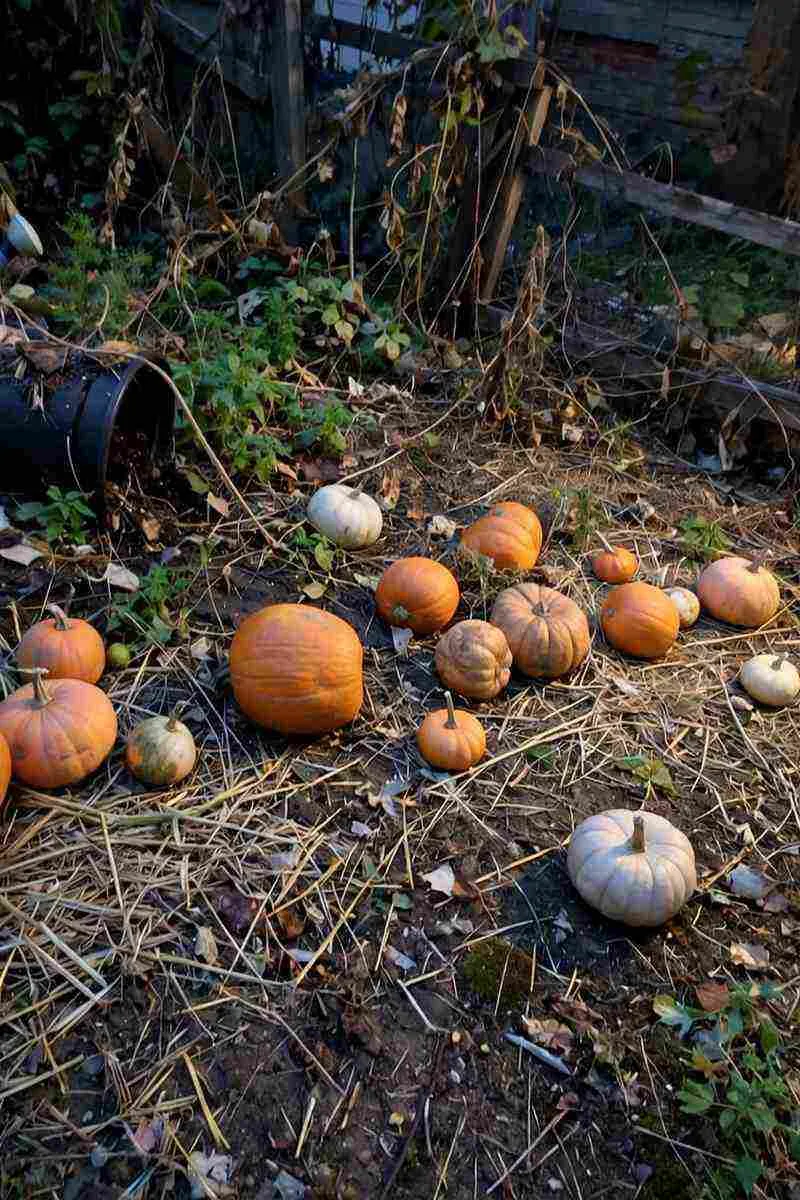 Pumpkin patch corner with pumpkins of all sizes on straw