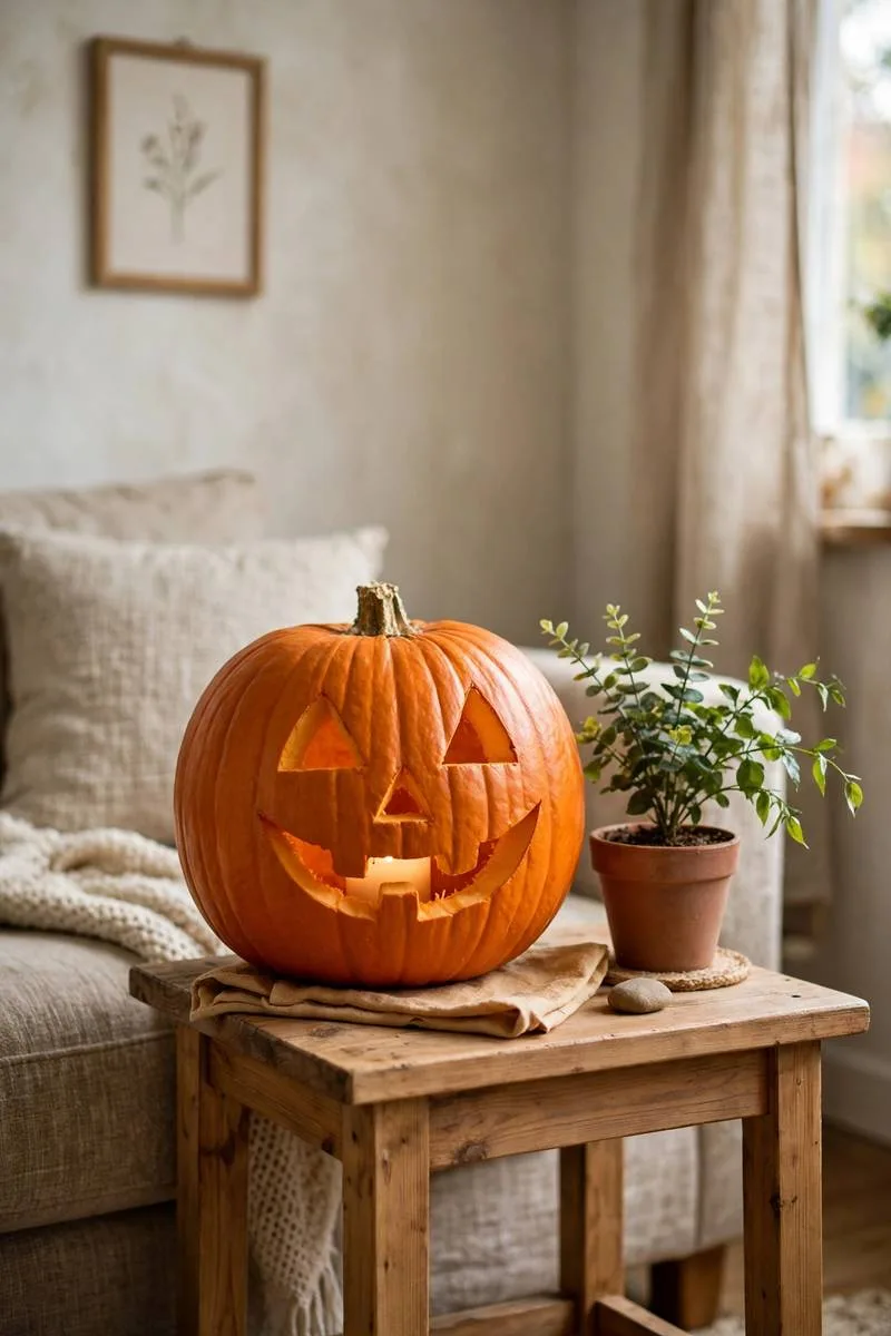 One large carved pumpkin as a single statement piece on a side table