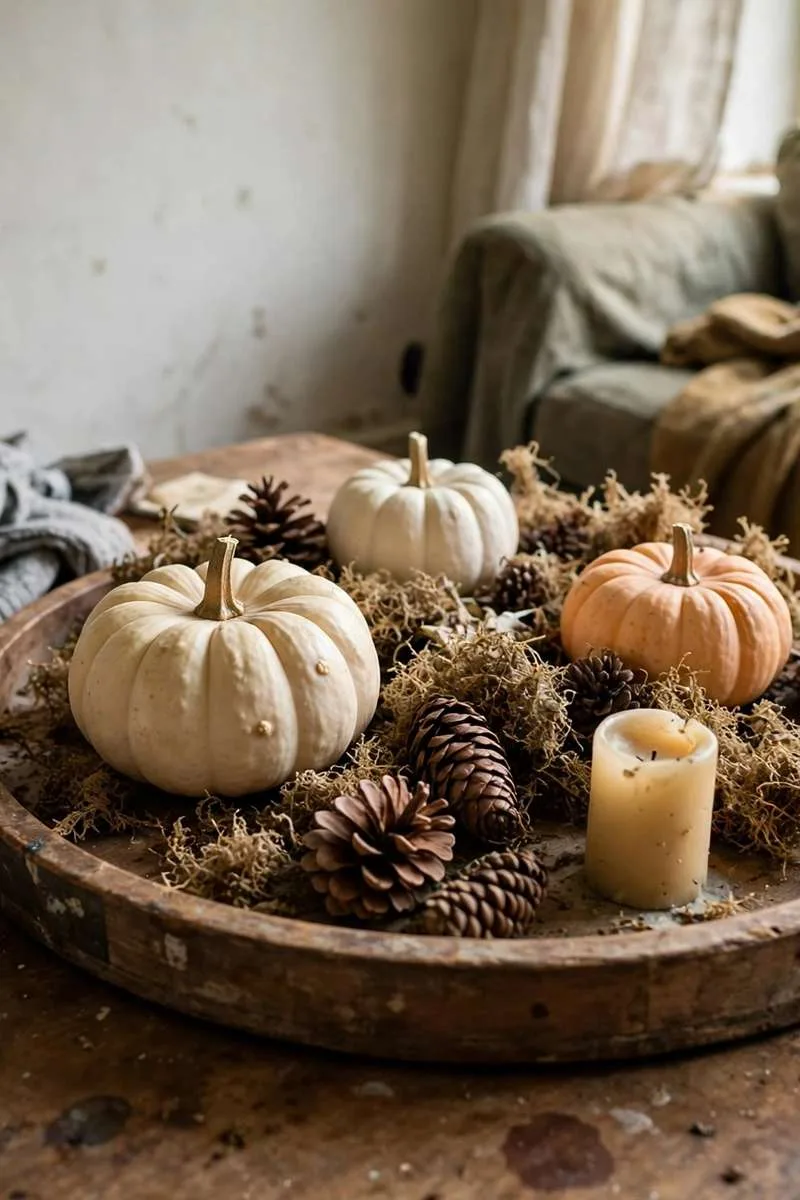 Mini pumpkins in cream, white and pale orange on a round wooden tray with dried moss and pinecones