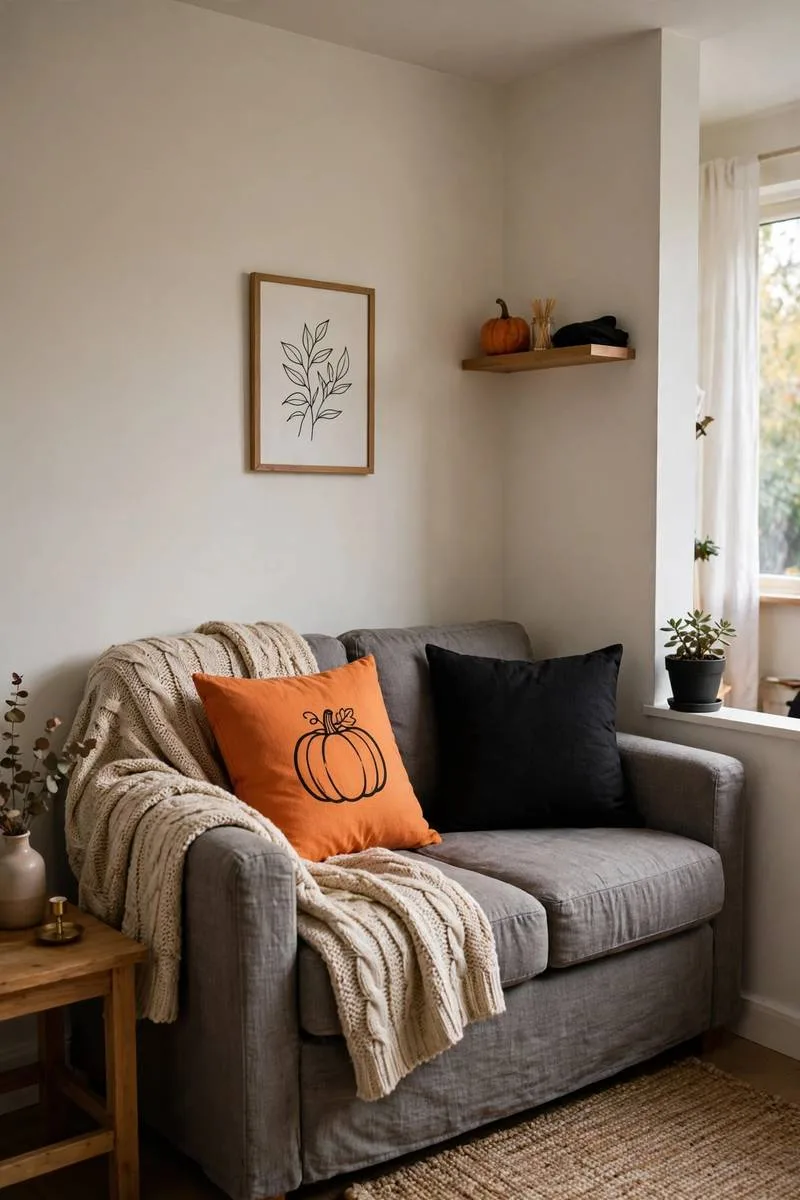 Black and orange Halloween cushion covers with a pumpkin print on a sofa