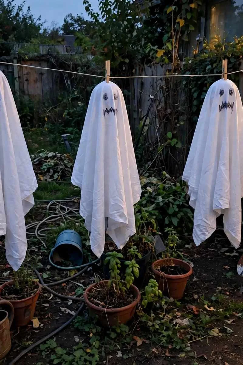 White sheet ghosts hanging on a garden clothesline