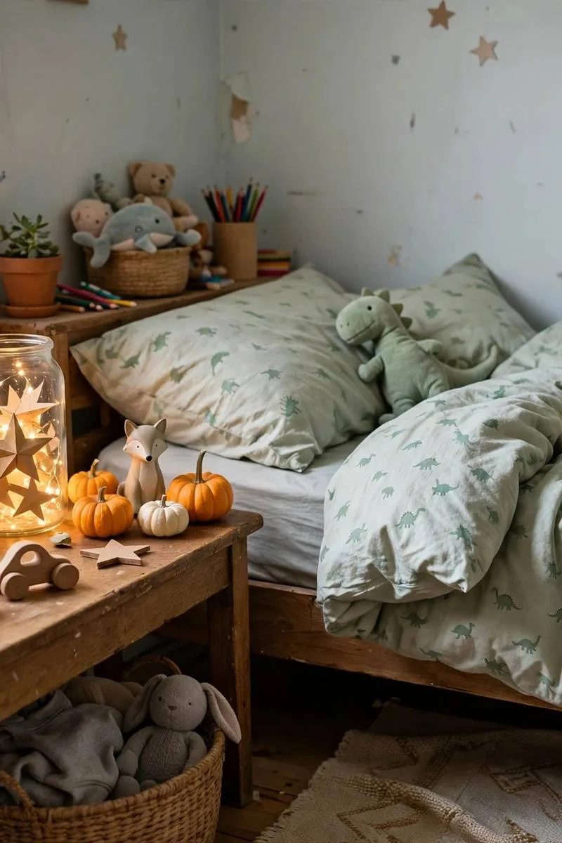 Glass jars with warm fairy lights and paper stars on a kids bedside table as night lights