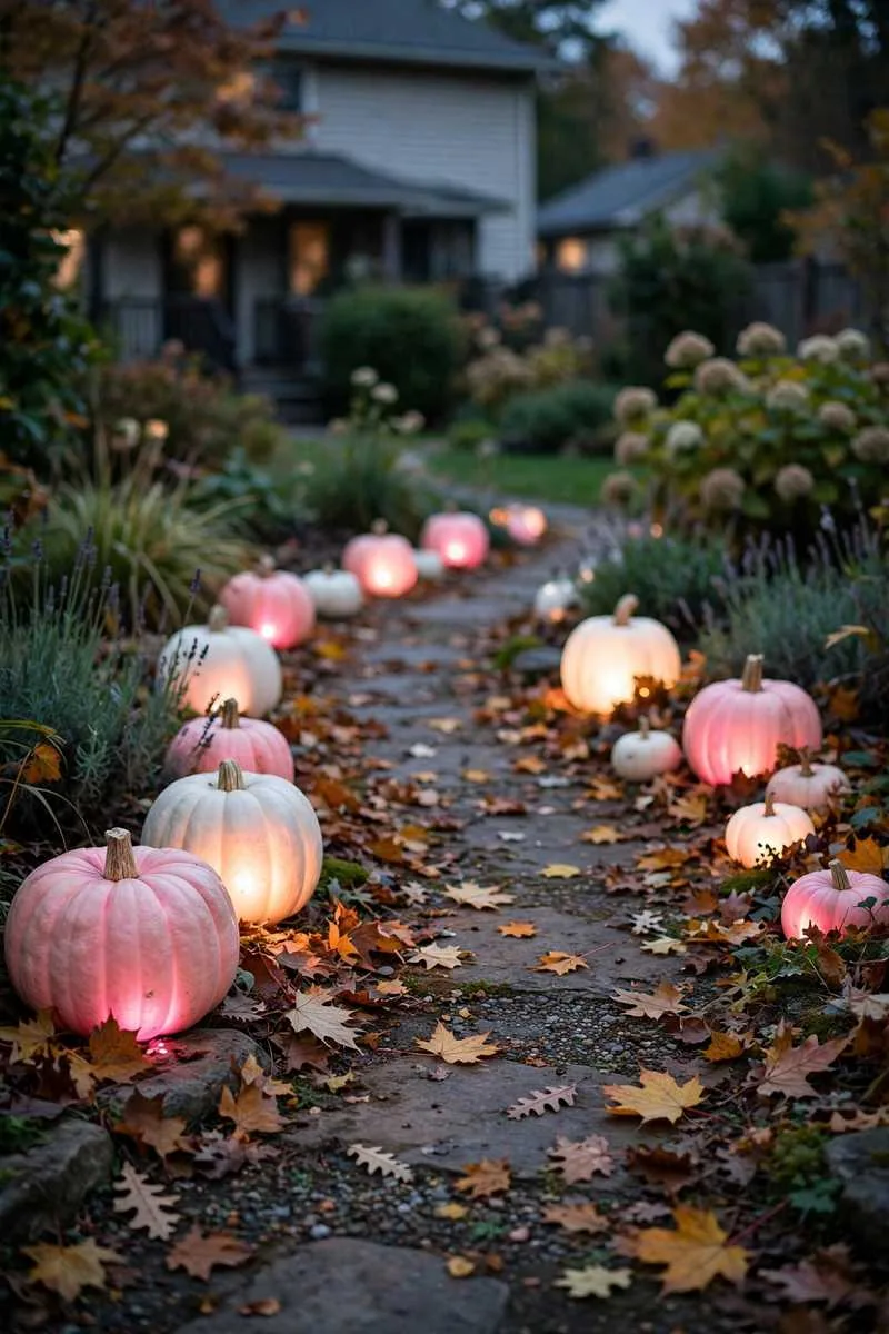 Pink and white pumpkins glowing along a garden path at dusk