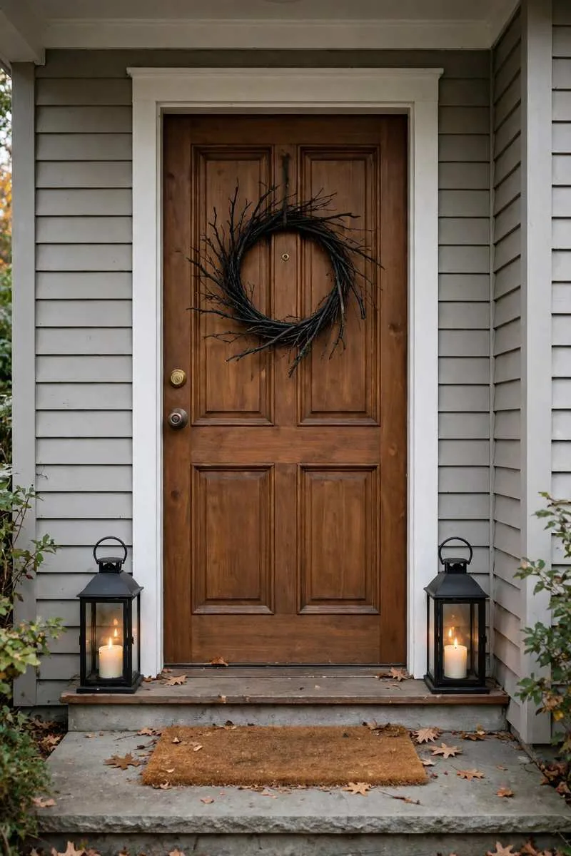 Gothic Halloween front door with black wreath, candles and haunted mansion styling