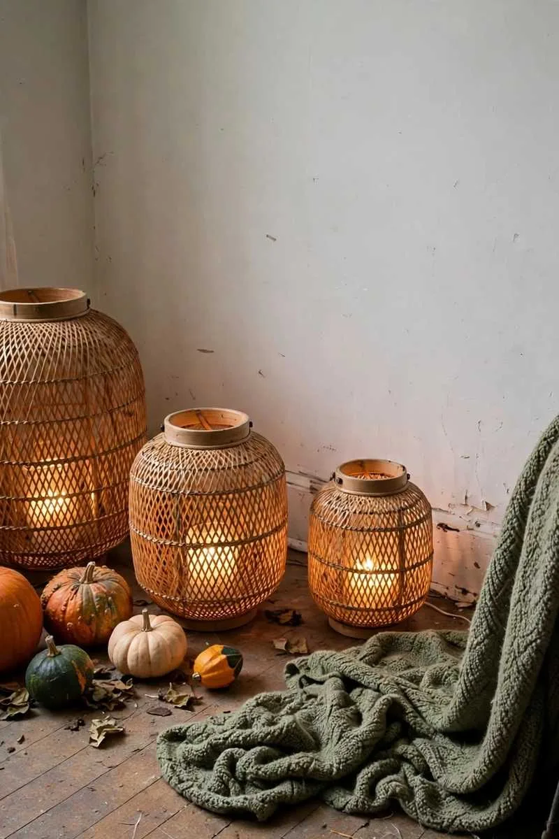 Three rattan lanterns of different heights lit in a corner with pumpkins at their feet