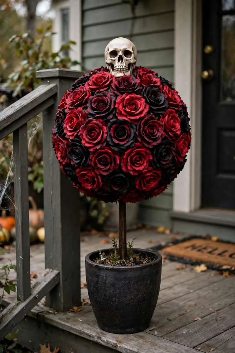 Skull and rose topiary ball with red and black roses and a skull on top