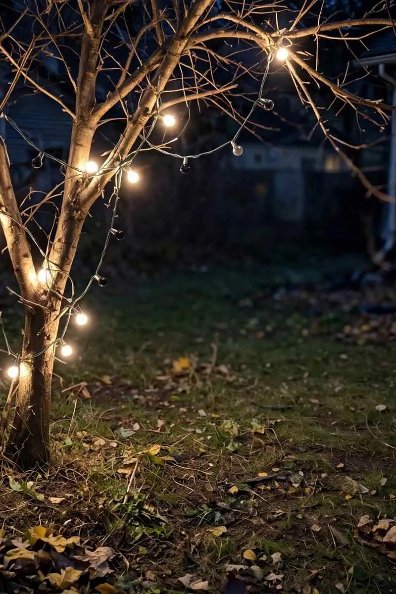 String lights wrapped around a bare tree in a front garden at night