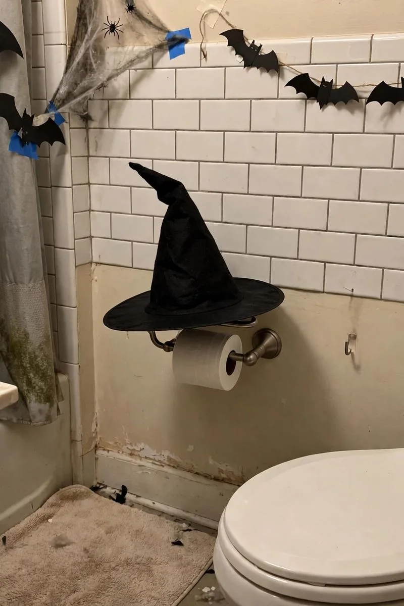 Witch's hat placed on a toilet paper holder in a bathroom