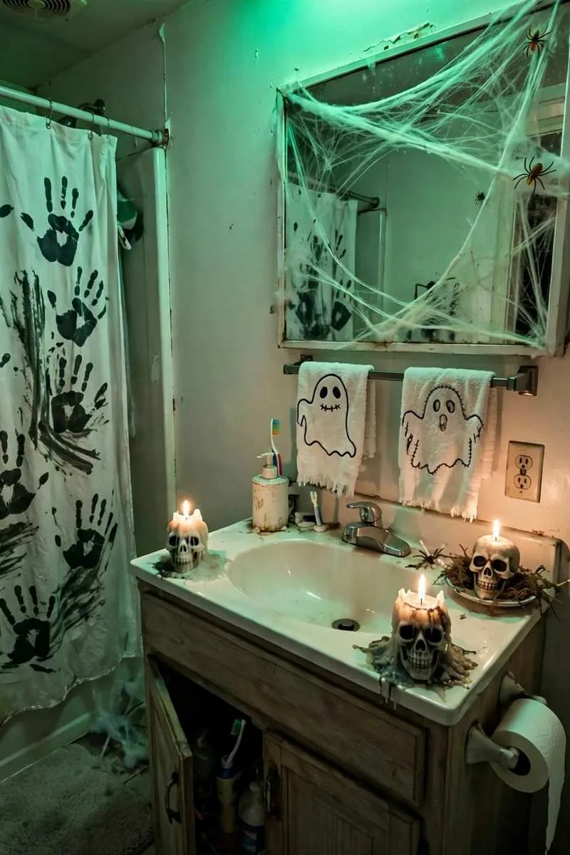 Full haunted bathroom makeover with handprint shower curtain, ghost towels, skull candles, spider web mirror and eerie green lighting