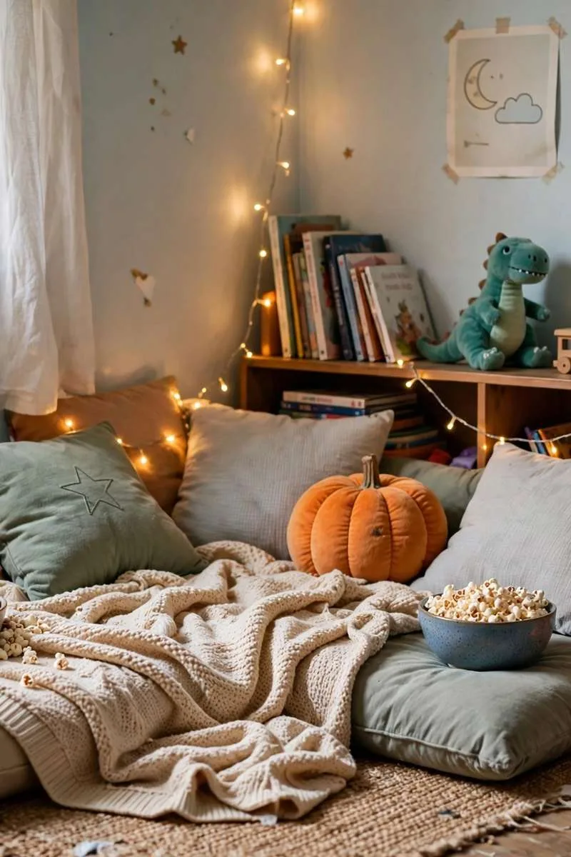 Cosy Halloween movie night corner in a kids room with cushions, blankets, popcorn bowls, pumpkins and fairy lights
