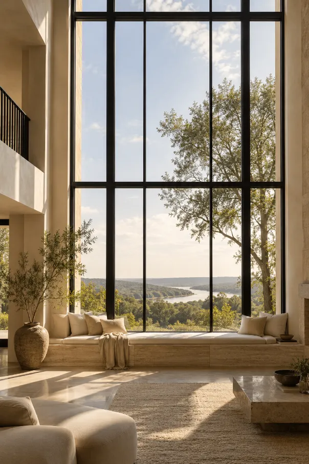 Built-In Window Seat Under a Two-Story Window