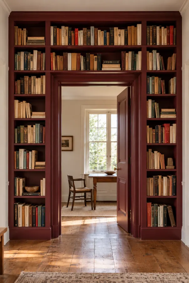 Cozy Burgundy Bookshelf Doorway