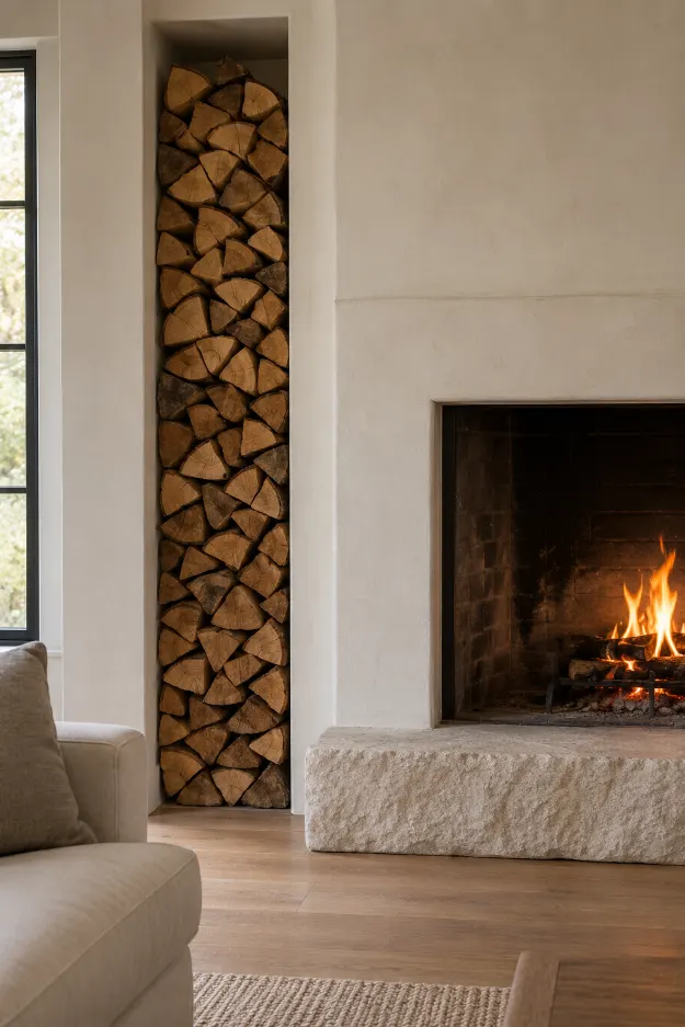 Cozy Rustic Fireplace and Log Niche
