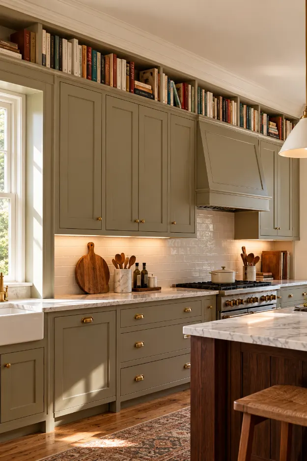 Cozy Sage Kitchen with Bookshelves