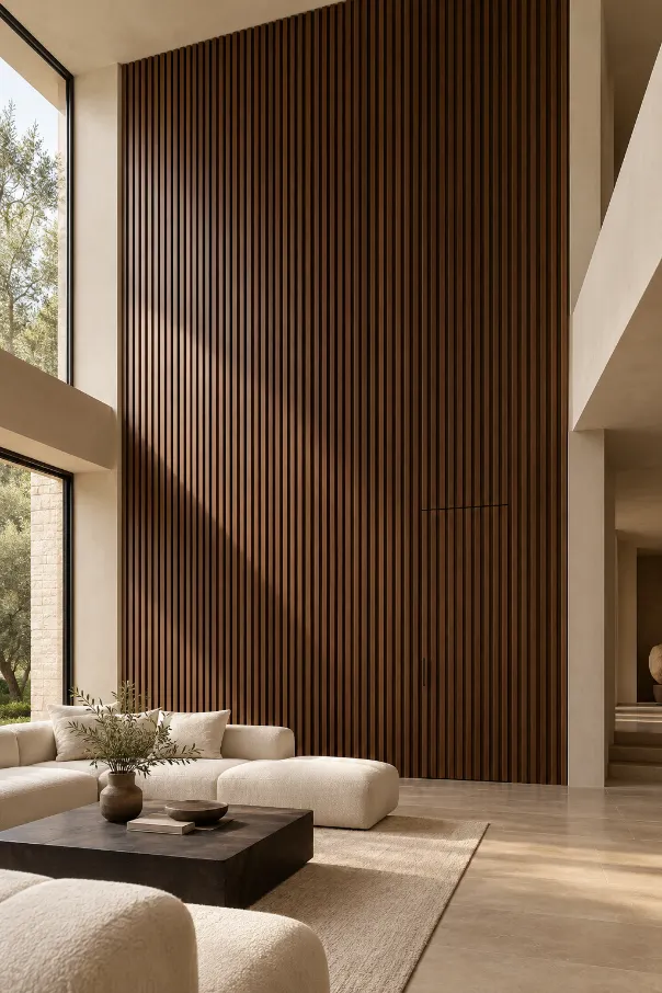 Double-Height Walnut Slat Wall With Hidden Door