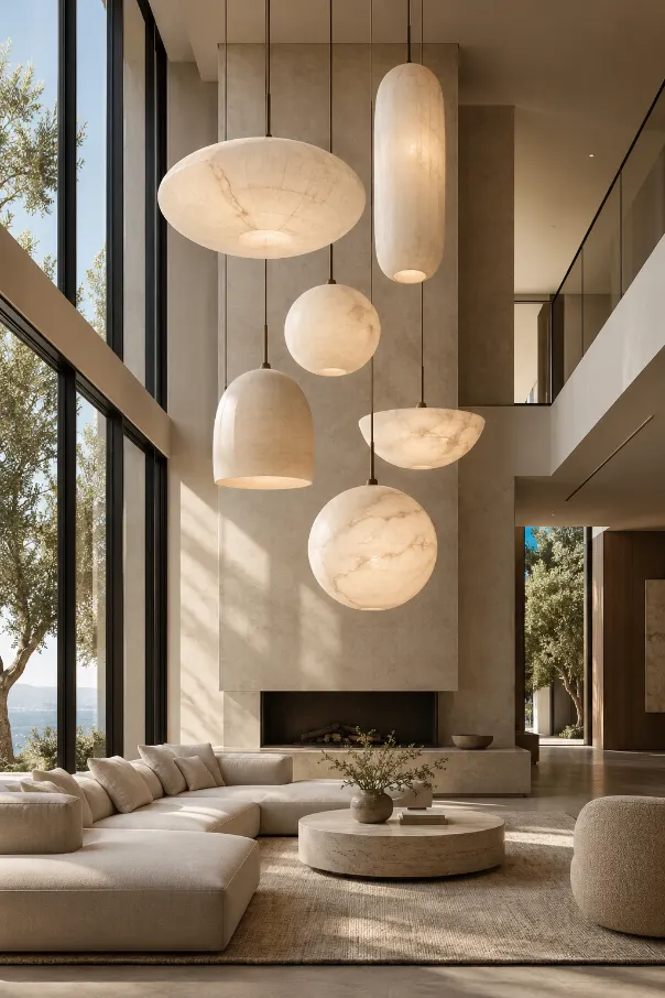 Cascading Pendant Lights for a High Ceiling Living Room