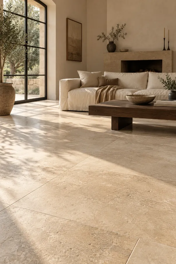 Large Limestone Tile Living Room Floor
