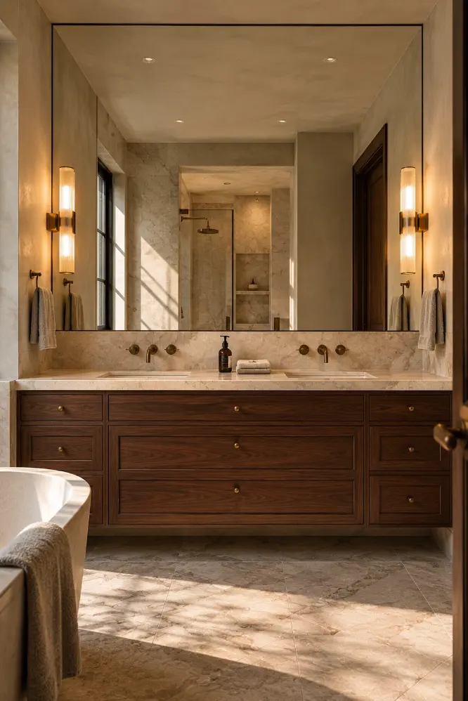 Luxurious Symmetrical Walnut and Marble Bathroom