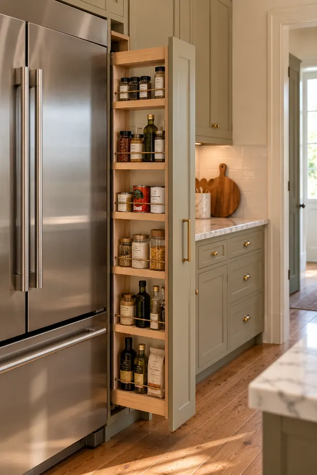 Modern Green Pantry Beside Stainless Refrigerator