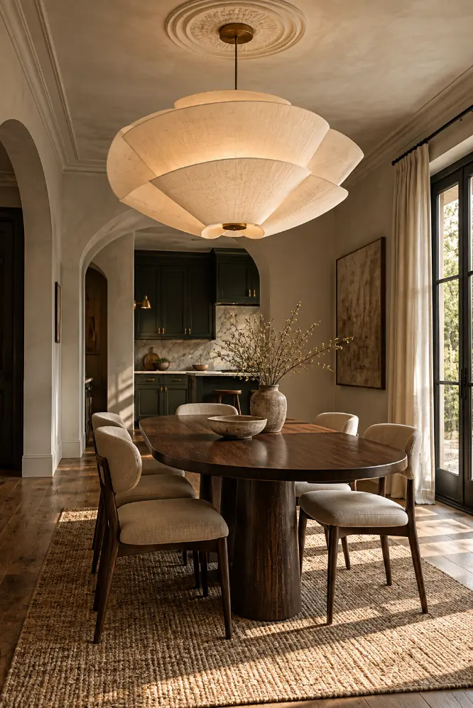 Moody Elegance Beneath a Sculptural Pendant