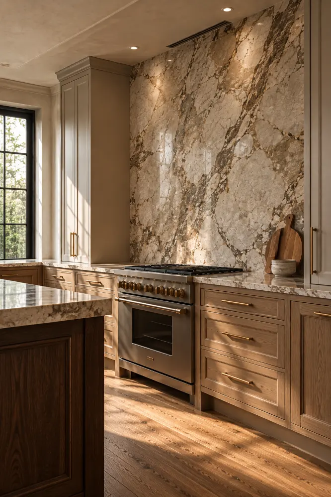 Moody Marble and Brass Kitchen