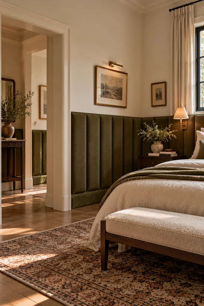 Moody Olive-Paneled Bedroom Retreat
