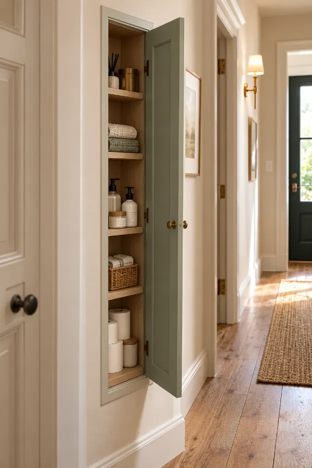 Open Sage Linen Cabinet in Cozy Hallway