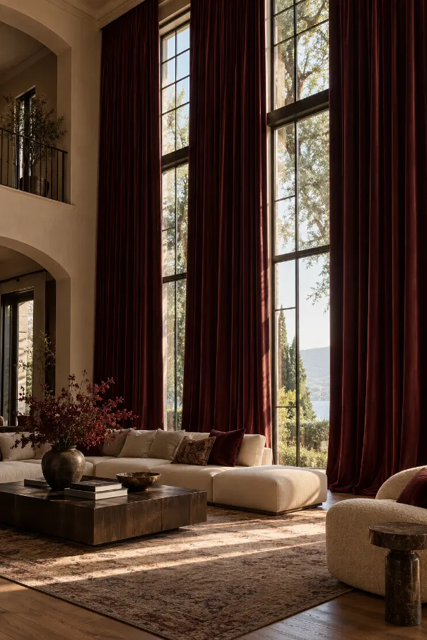 Oxblood Floor-to-Ceiling Curtains for Tall Windows