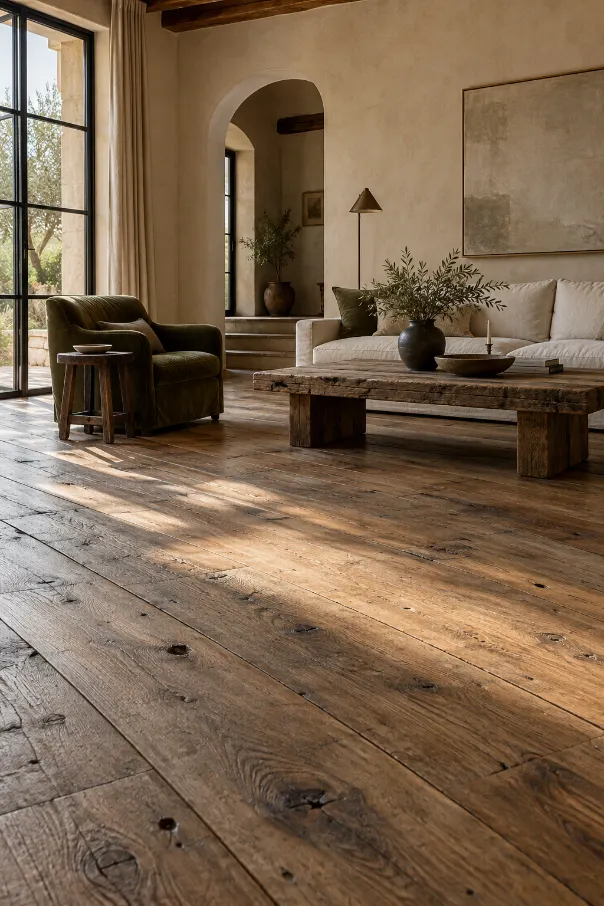 Rustic Wide-Plank Wood Living Room Floor