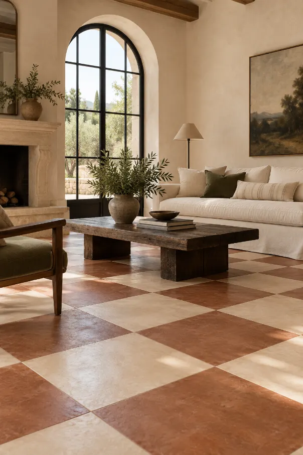 Terracotta and Cream Checkerboard Living Room Floor