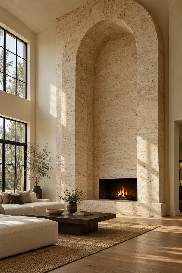 Two-Story Stone Arch Fireplace Idea
