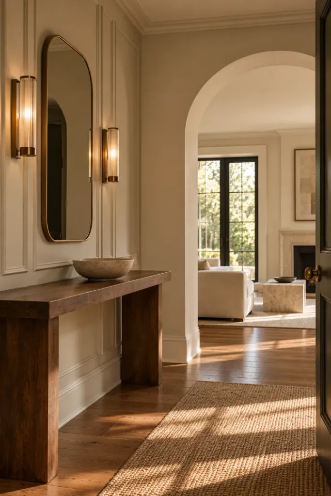 Warm Arched Entryway with Brass Accents