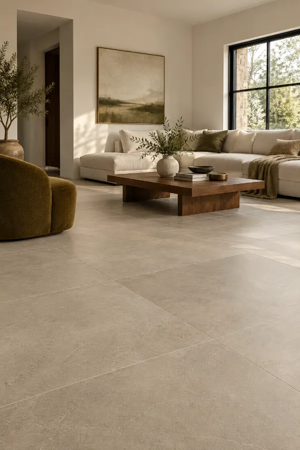 Warm Gray Porcelain Living Room Flooring