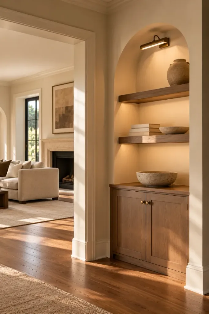 Warm Minimalist Archway Living Room (1)