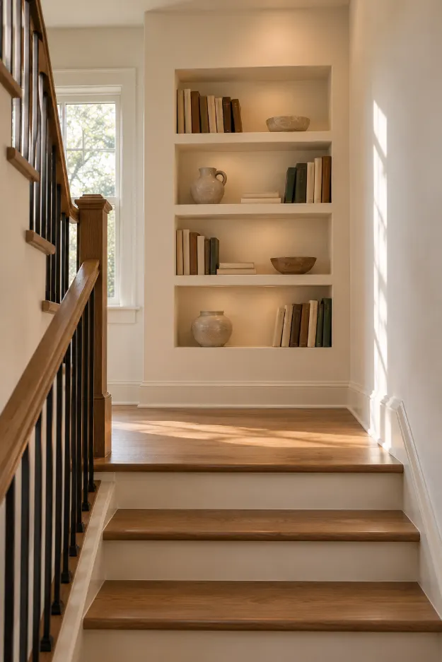 Warm Minimalist Staircase Shelving