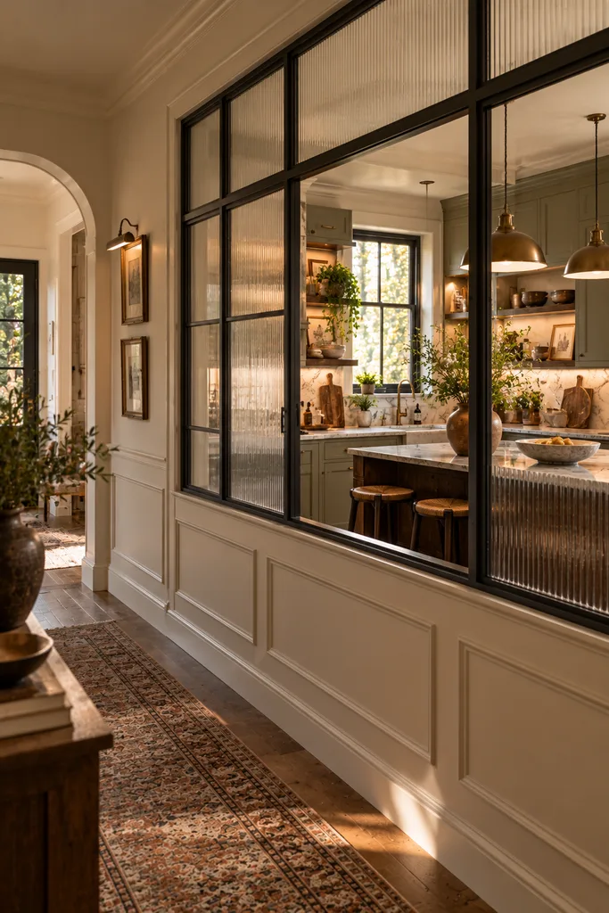 Warm Rustic Kitchen Through Glass Partitions