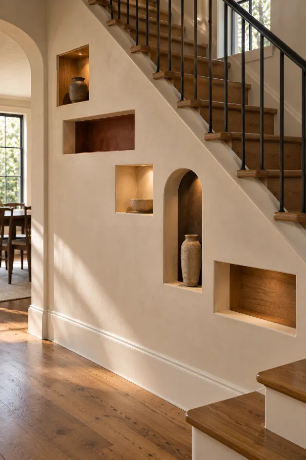 Warm Rustic Staircase with Arched Niches