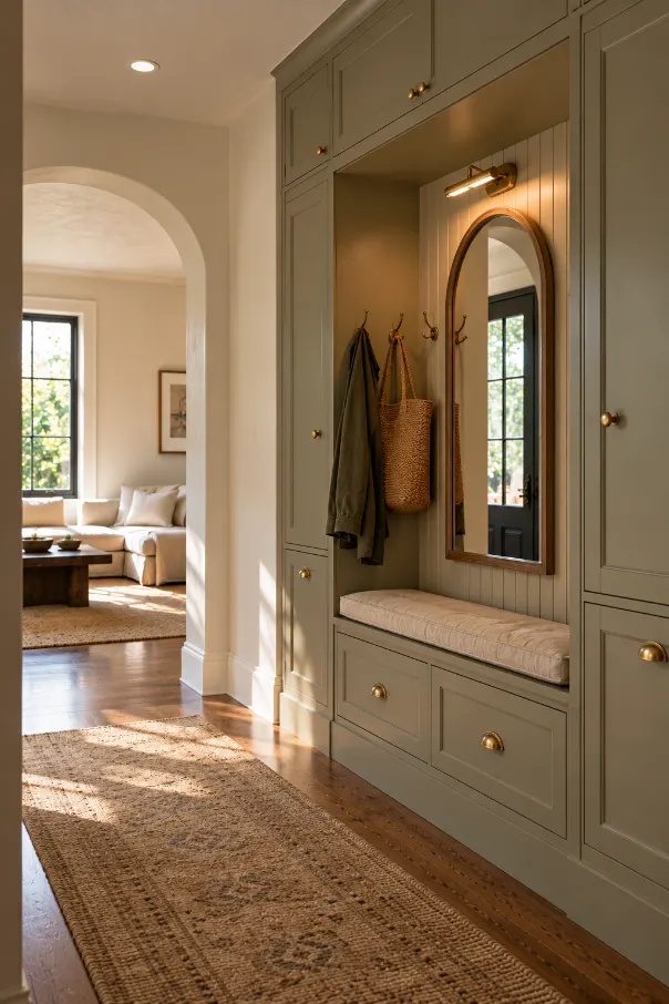 Warm Sage Entryway with Arched Mirror