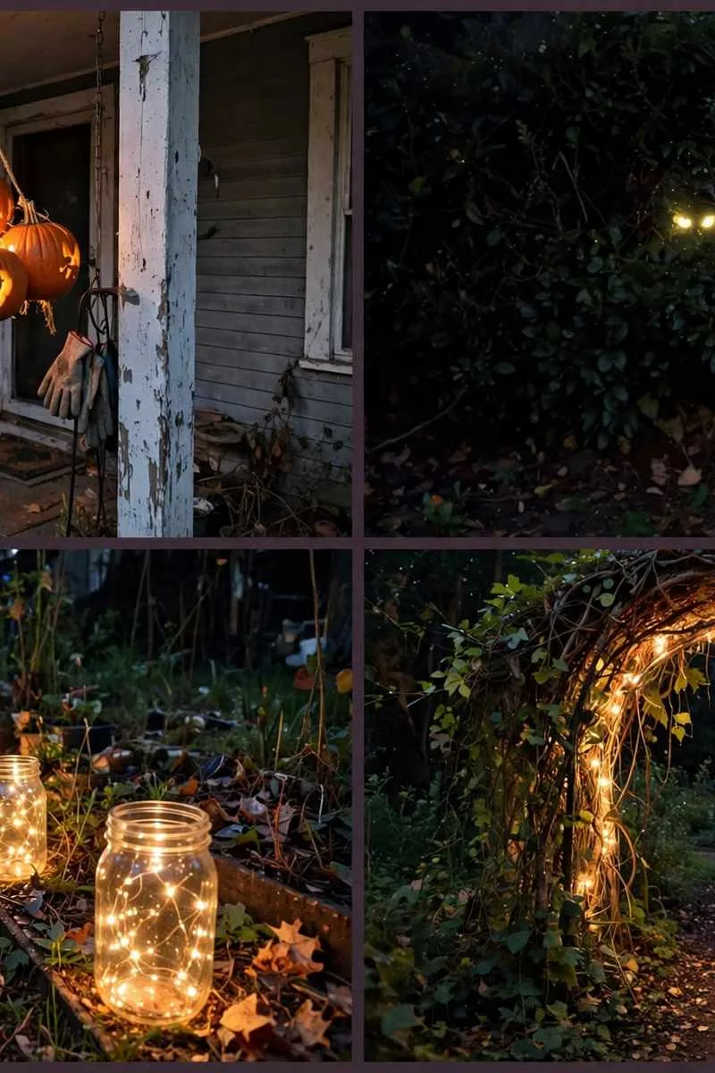 Collage of outdoor Halloween lighting ideas: pumpkin chandelier, glowing eyes in bushes, fairy light jars and a lit archway