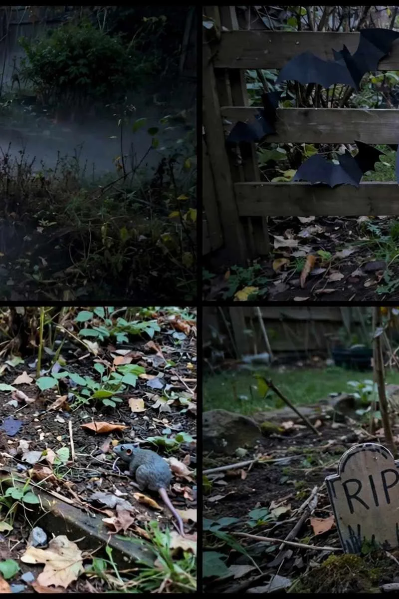 Collage of Halloween garden ideas: fog machine, bat swarm, creepy crawly path and haunted birdhouse
