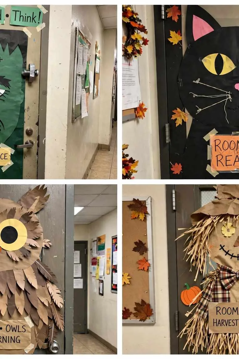 Collage of Halloween classroom door ideas: Frankenstein, black cat, owl and scarecrow doors