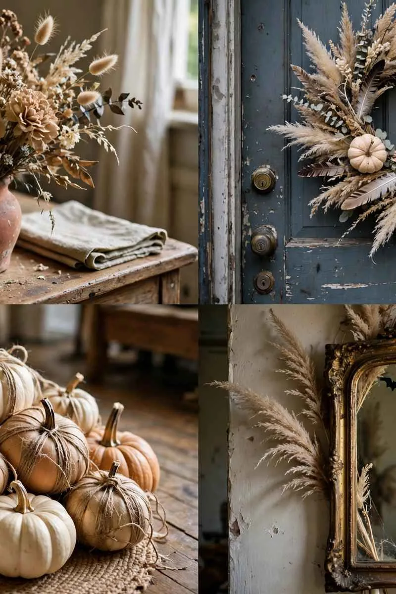 Collage of boho Halloween ideas: dried flower ghost bouquet, pumpkin and feather wreath, twine wrapped pumpkins and haunted mirror with pampas