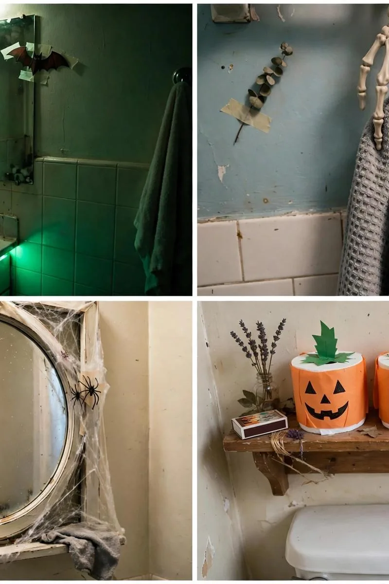 Collage of Halloween bathroom ideas: eerie green lighting, skeleton hand towel, spider web mirror and toilet paper pumpkins